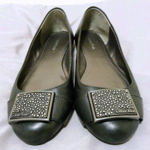 CALVIN KLEIN DARK BROWN LEATHER BALLERINA FLATS